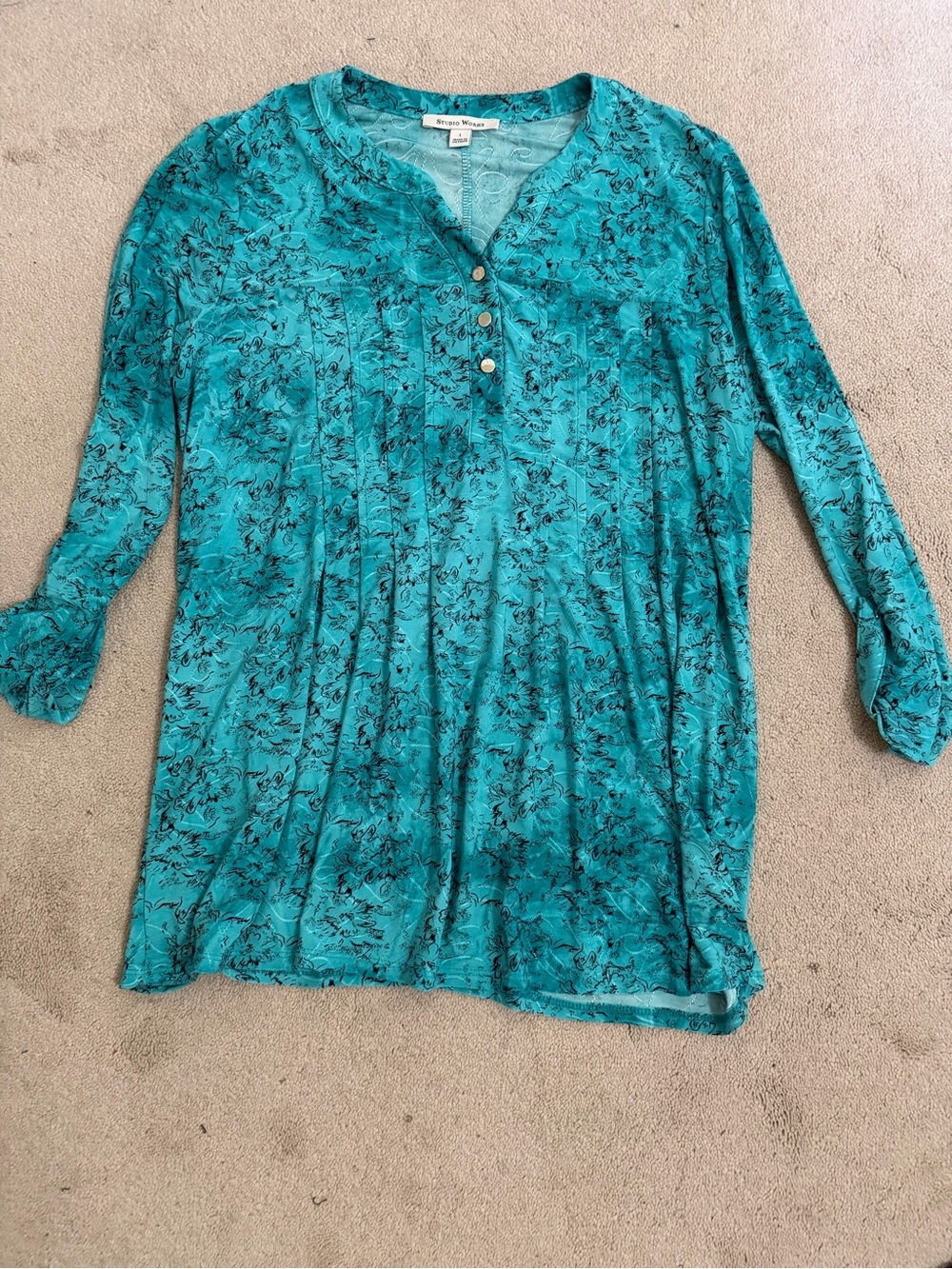 Studio Works Teal Floral Button-Front Women's Tunic Top